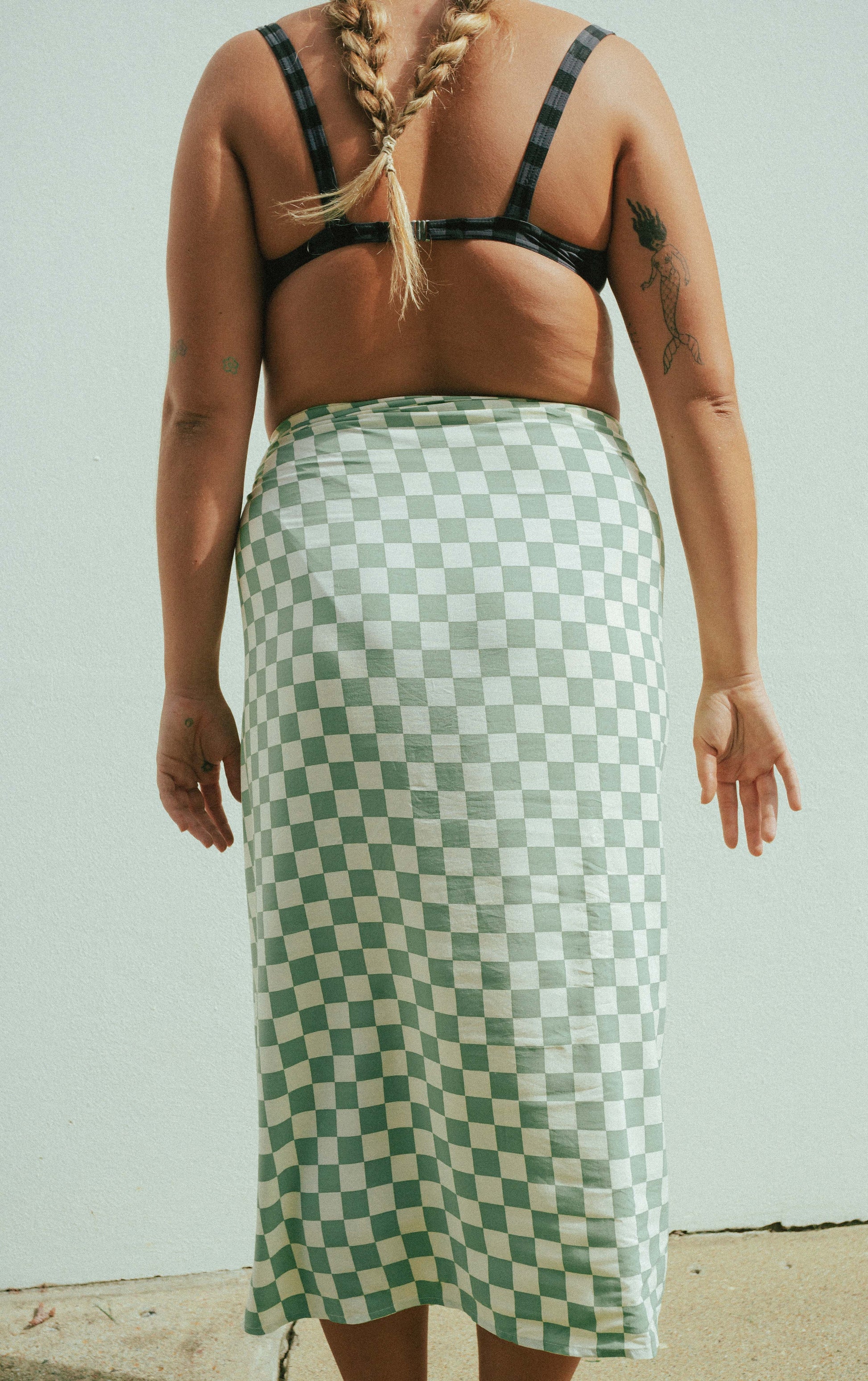 checkered white and green sarong